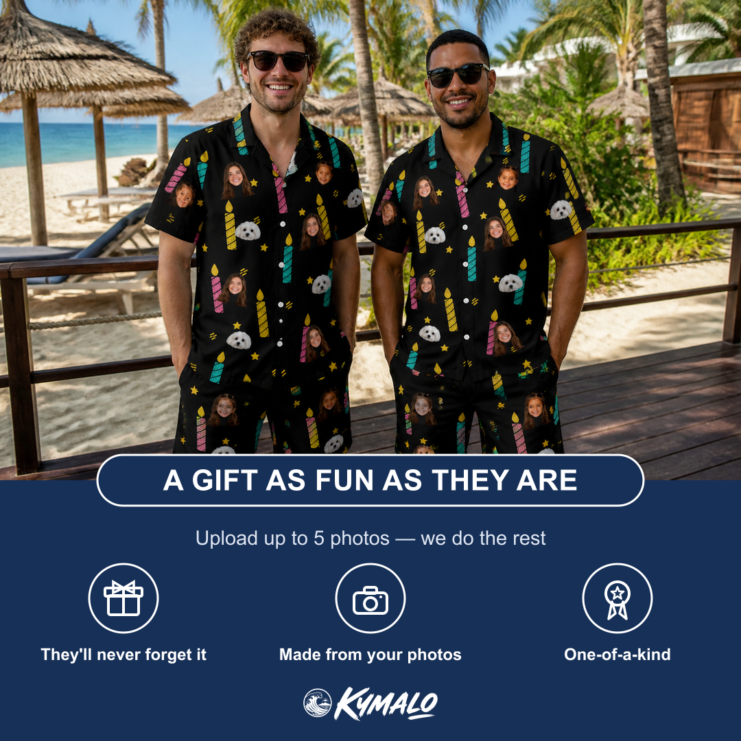 Friends in matching Men's Wick Winks Custom Face Shirt & Shorts Set — a group gift photo
