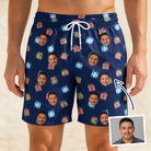 Man wearing Men's Surprise Stacks Custom Face Beach Shorts — custom faces printed all-over