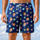 Model wearing Men's Surprise Stacks Custom Face Beach Shorts printed with kids' faces