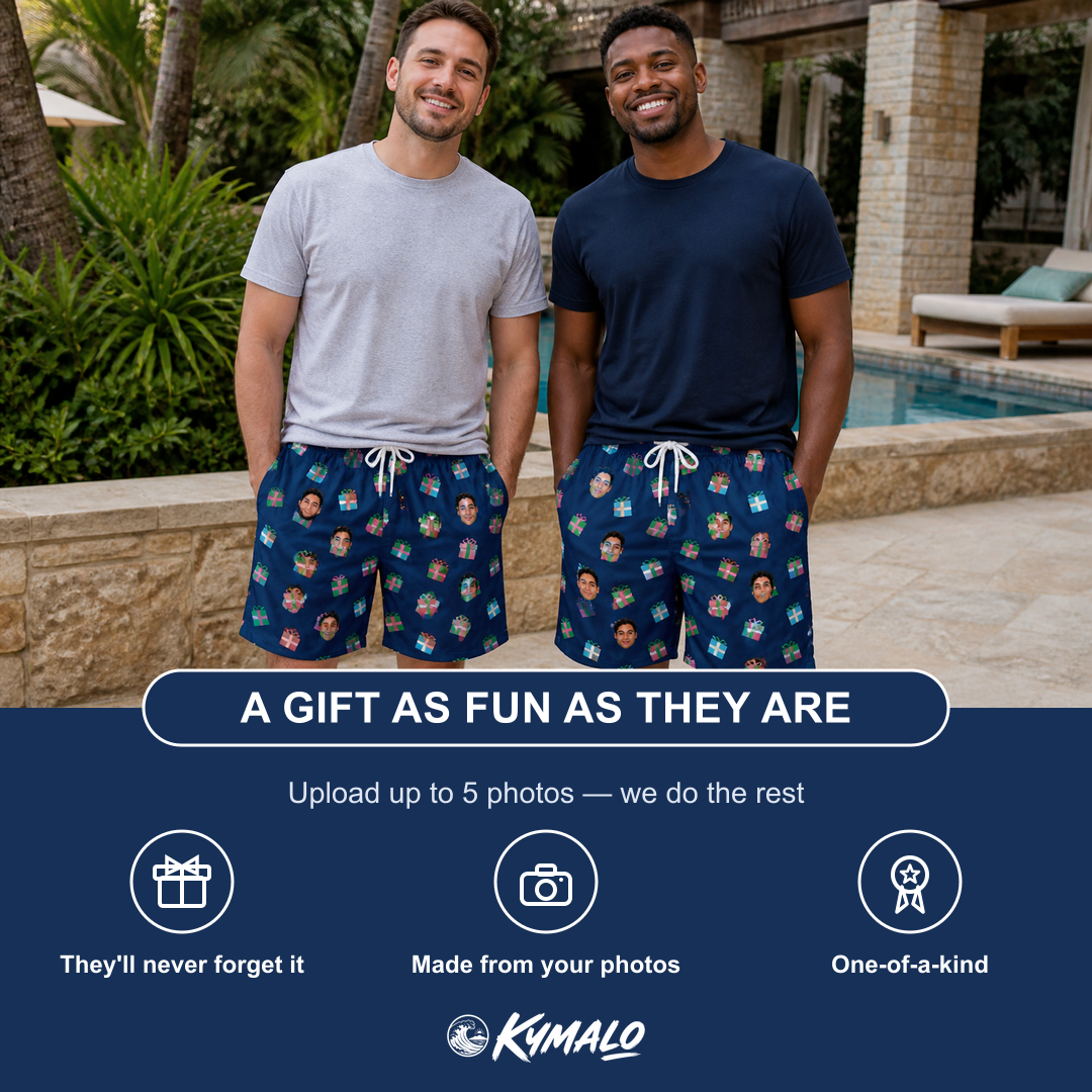 Friends in matching Men's Surprise Stacks Custom Face Beach Shorts — a group gift photo