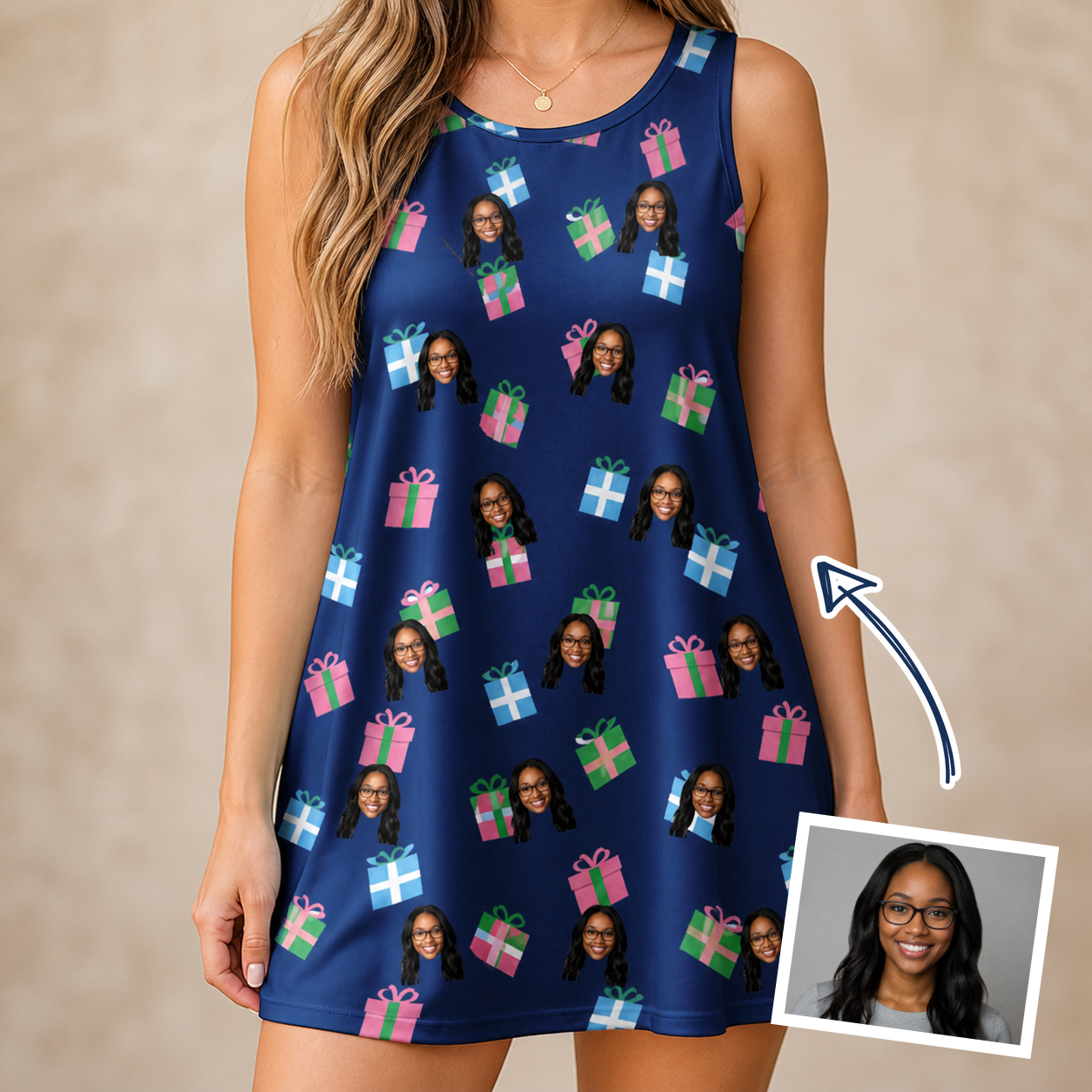 Woman wearing Women's Surprise Stacks Custom Face Tank Dress — custom faces printed all-over