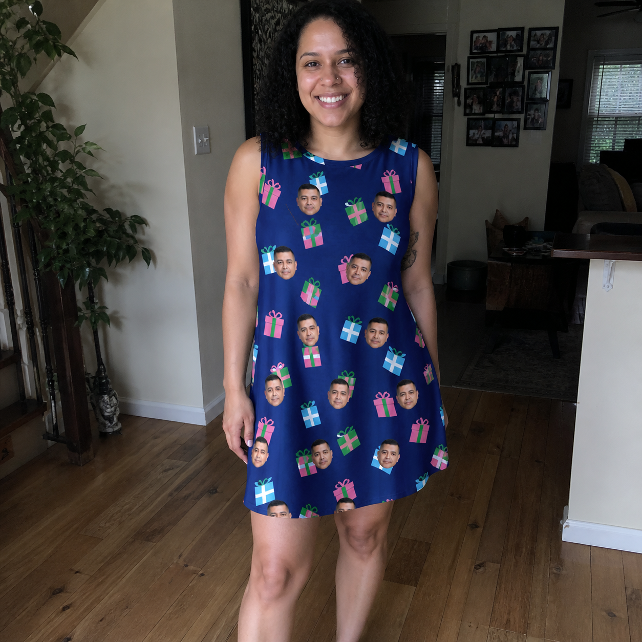 Real-life photo of someone wearing Women's Surprise Stacks Custom Face Tank Dress — custom faces printed all-over