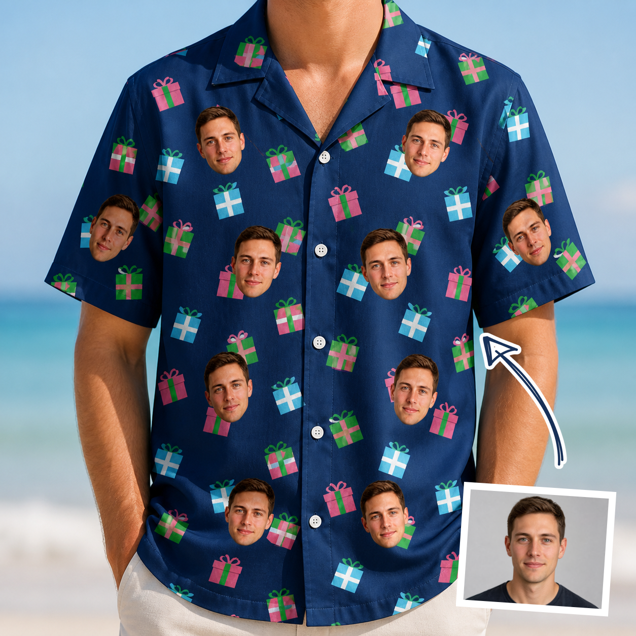 Man wearing Men's Surprise Stacks Custom Face Hawaiian Shirt — custom faces printed all-over
