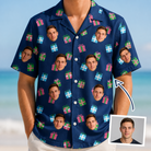 Man wearing Men's Surprise Stacks Custom Face Hawaiian Shirt — custom faces printed all-over