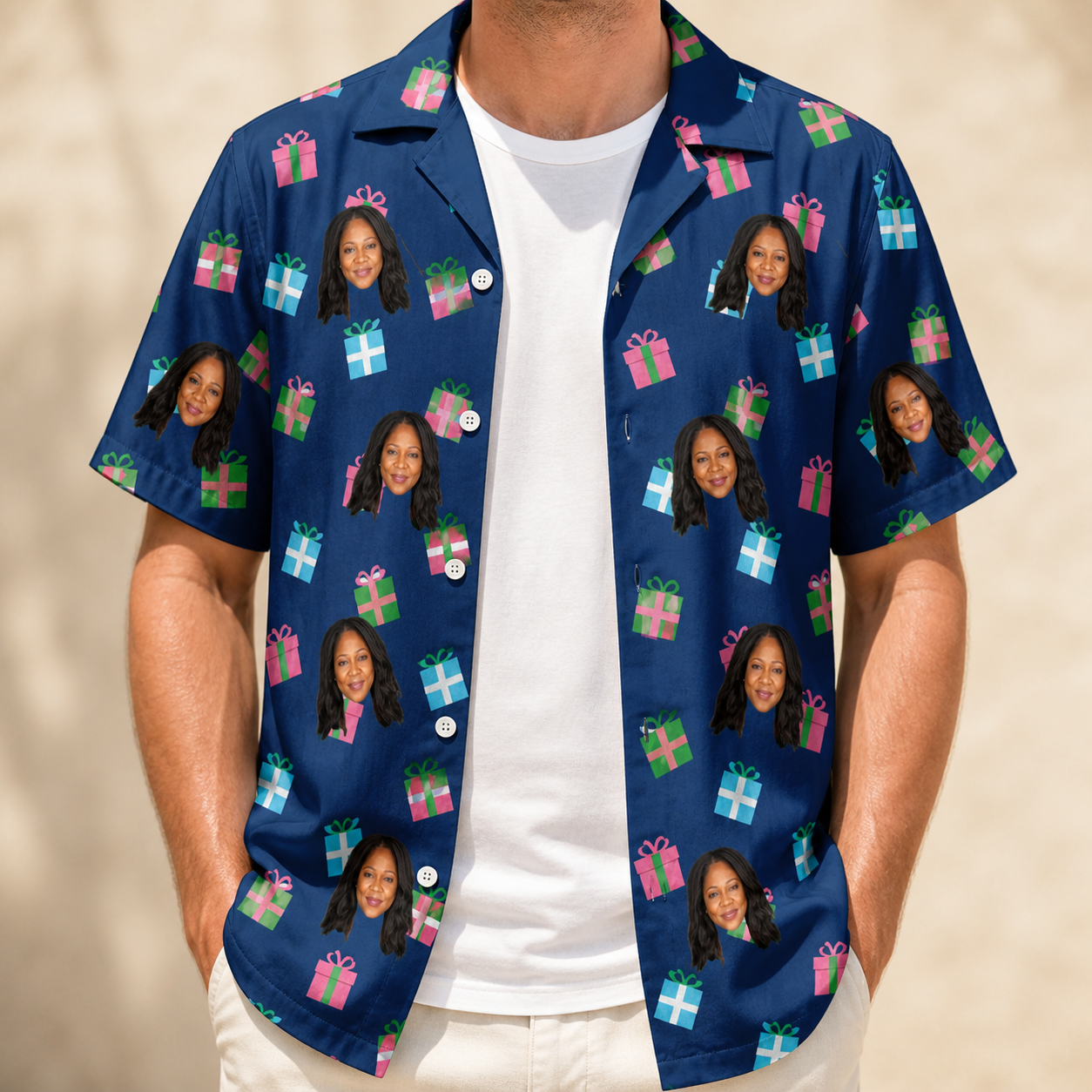 Man wearing Men's Surprise Stacks Custom Face Hawaiian Shirt open over a white tee