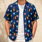 Man wearing Men's Surprise Stacks Custom Face Hawaiian Shirt open over a white tee