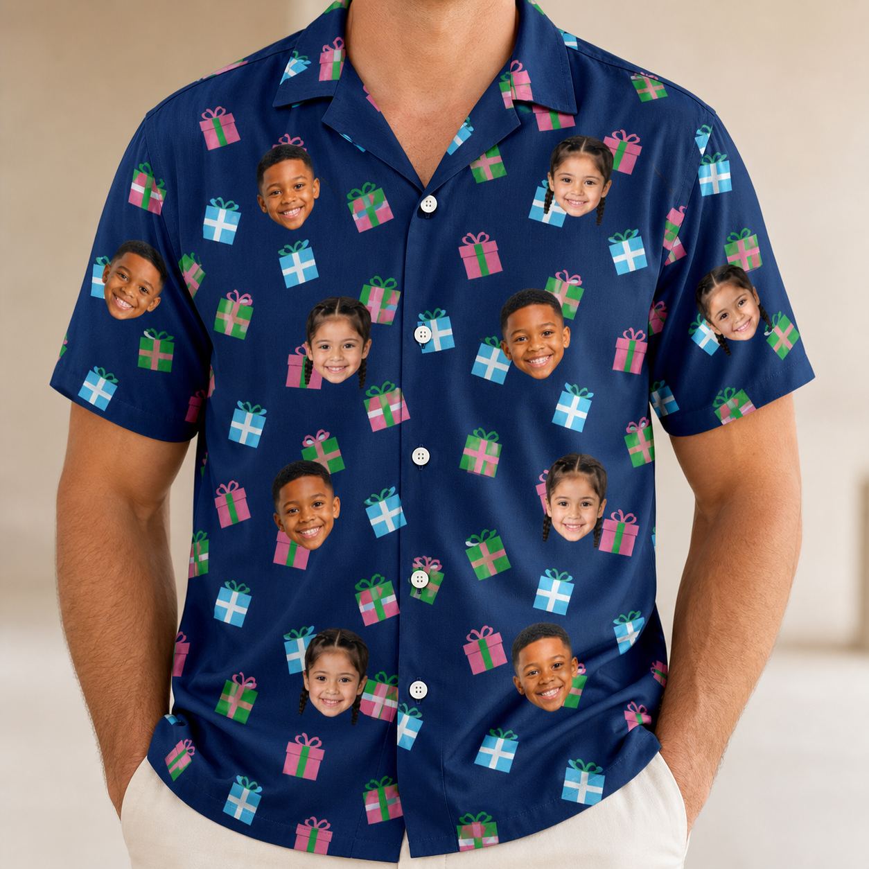 Model wearing Men's Surprise Stacks Custom Face Hawaiian Shirt printed with kids' faces