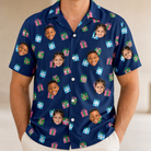 Model wearing Men's Surprise Stacks Custom Face Hawaiian Shirt printed with kids' faces