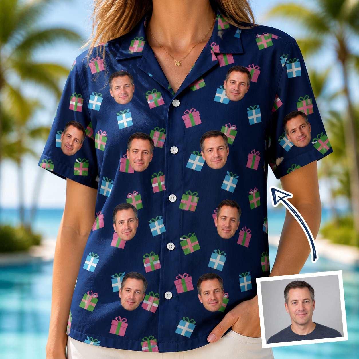 Woman wearing Women's Surprise Stacks Custom Face Hawaiian Shirt — custom faces printed all-over