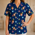 Model wearing Women's Surprise Stacks Custom Face Hawaiian Shirt printed with kids' faces
