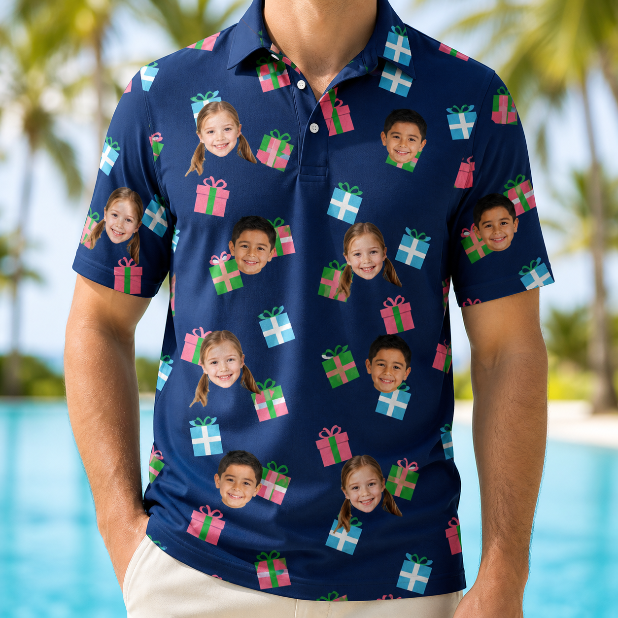 Model wearing Men's Surprise Stacks Custom Face Polo Shirt printed with kids' faces