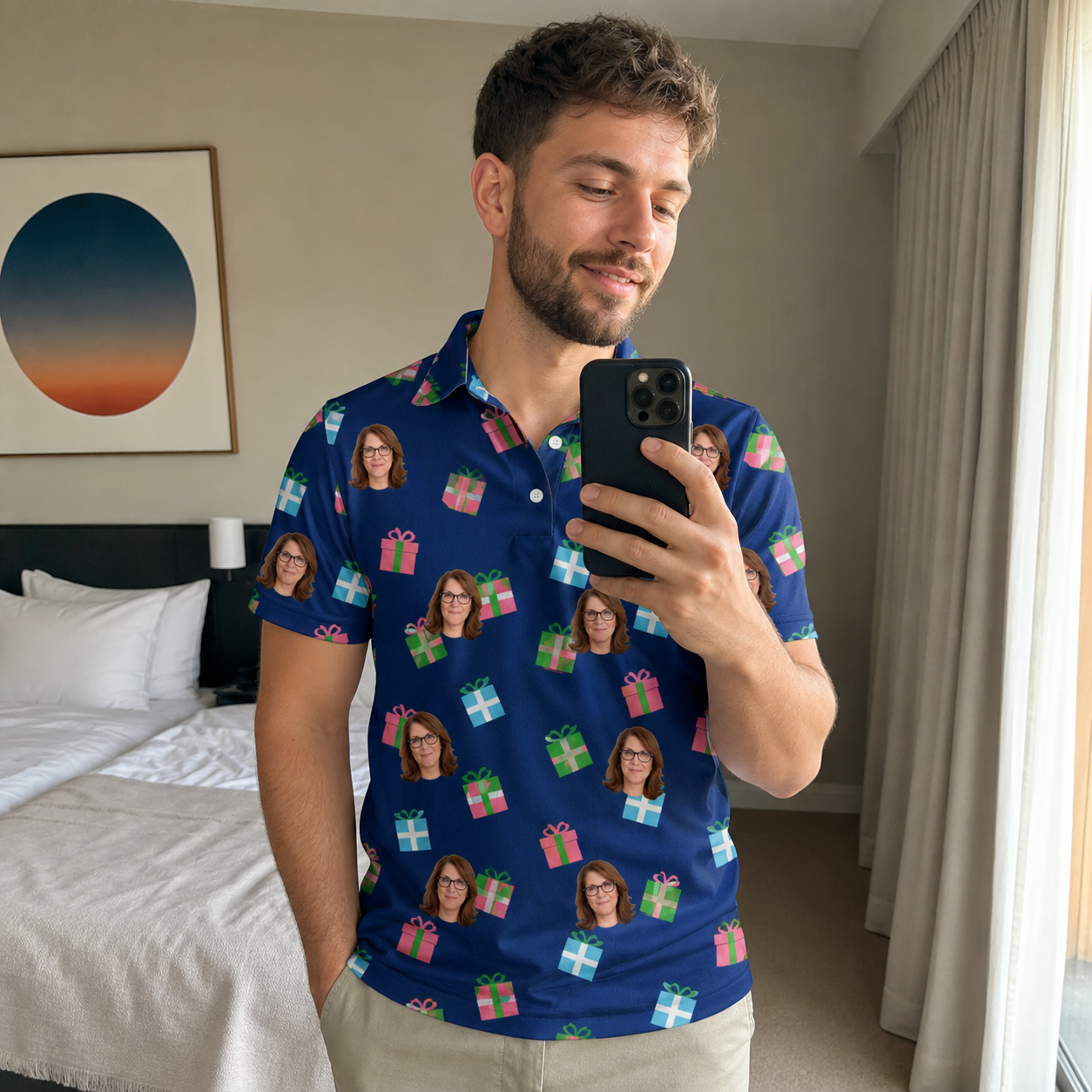 Real-life photo of someone wearing Men's Surprise Stacks Custom Face Polo Shirt — custom faces printed all-over
