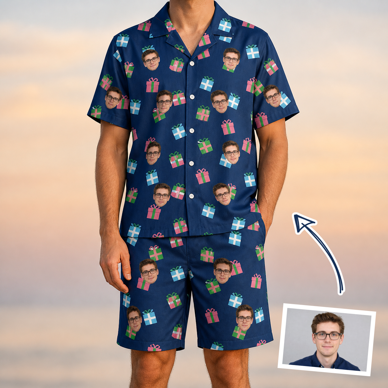 Man wearing Men's Surprise Stacks Custom Face Shirt & Shorts Set — custom faces printed all-over