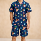 Model wearing Men's Surprise Stacks Custom Face Shirt & Shorts Set printed with kids' faces