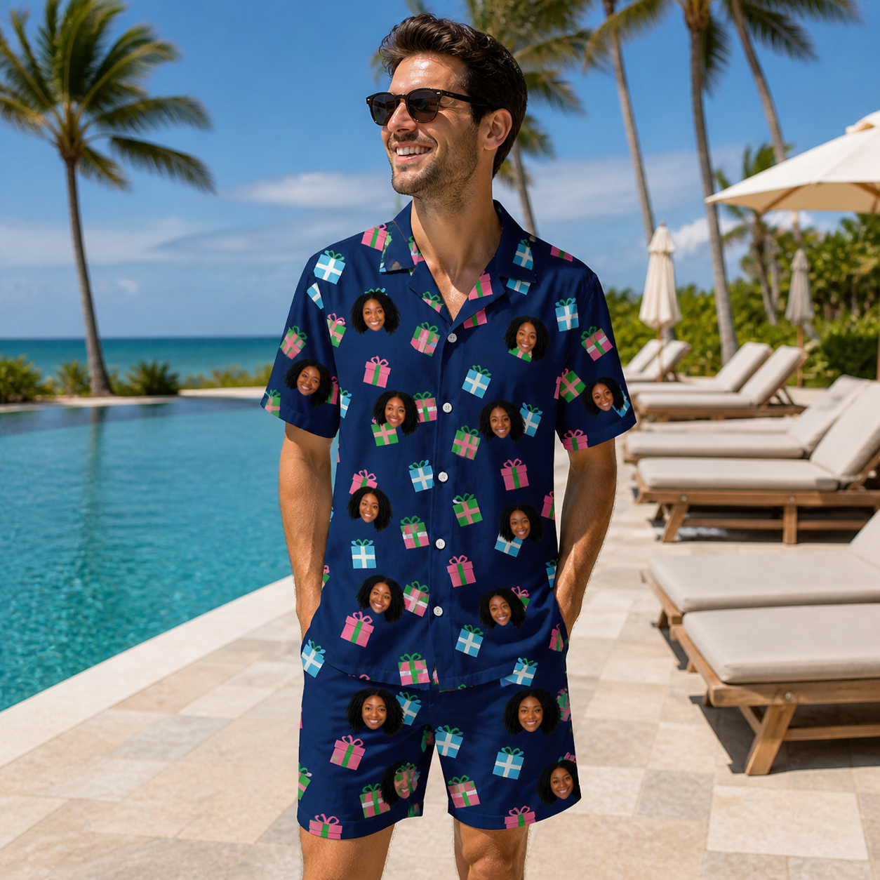 Real-life photo of someone wearing Men's Surprise Stacks Custom Face Shirt & Shorts Set — custom faces printed all-over