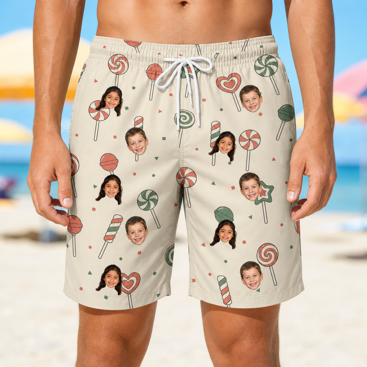 Model wearing Men's Candy Constellation Custom Face Beach Shorts printed with kids' faces