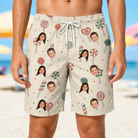 Model wearing Men's Candy Constellation Custom Face Beach Shorts printed with kids' faces