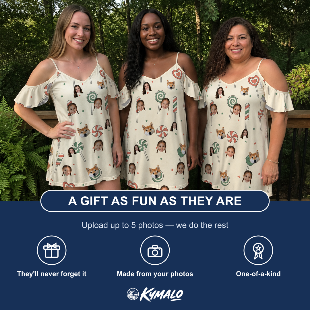 Friends in matching Women's Candy Constellation Custom Face Off-Shoulder Dress — a group gift photo