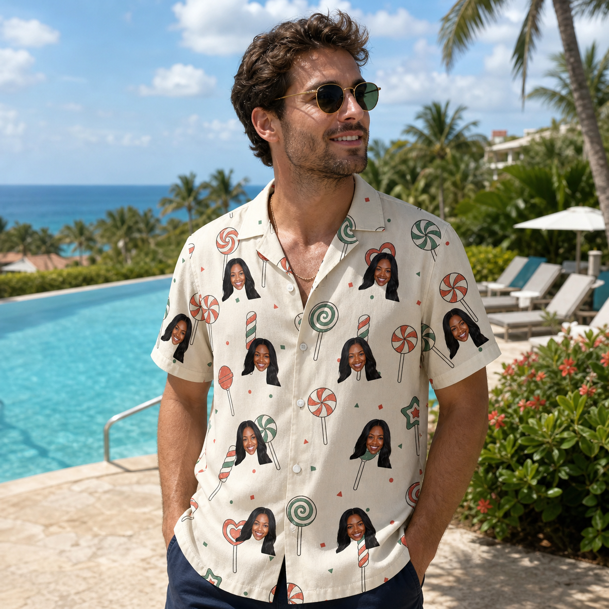 Real-life photo of someone wearing Men's Candy Constellation Custom Face Hawaiian Shirt — custom faces printed all-over