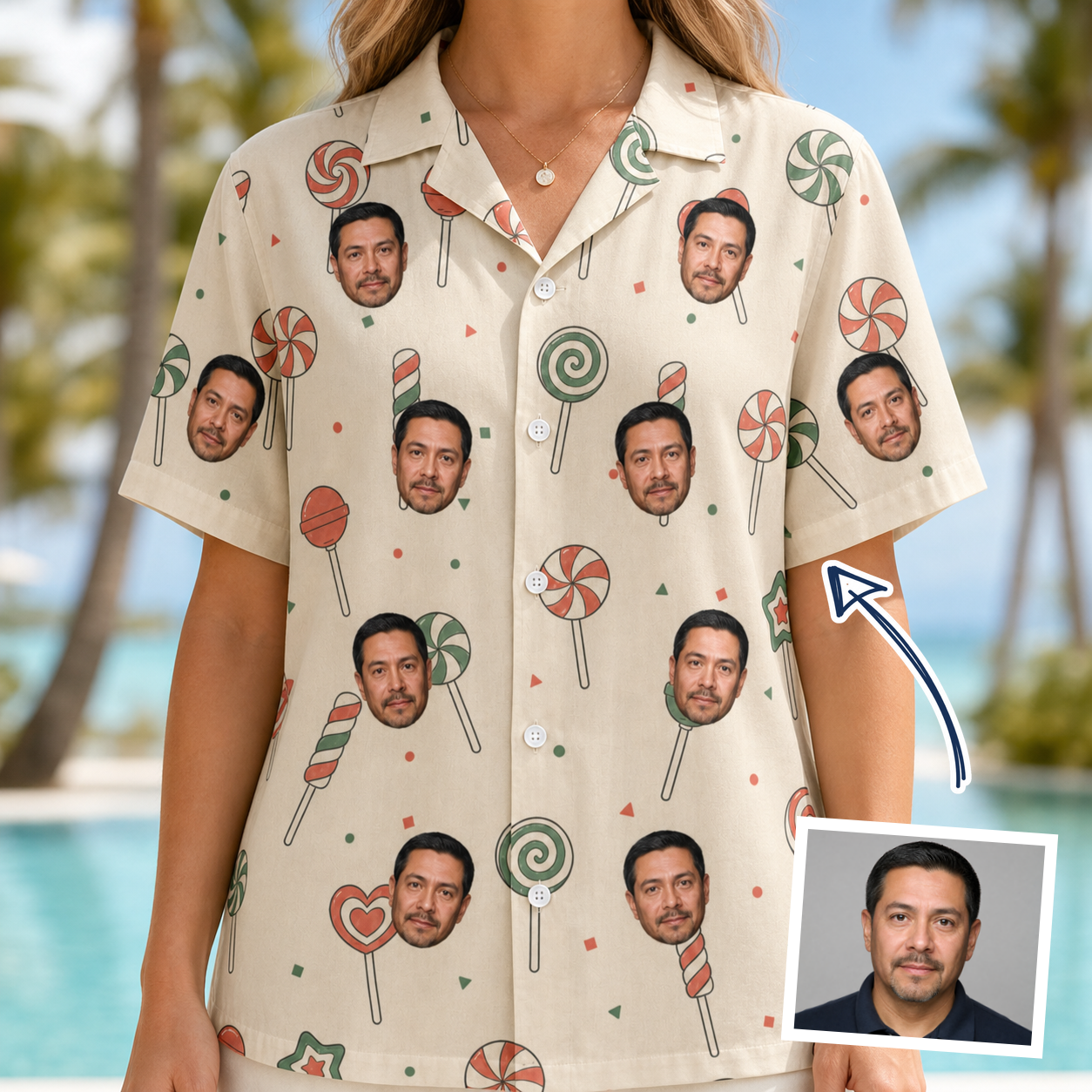 Woman wearing Women's Candy Constellation Custom Face Hawaiian Shirt — custom faces printed all-over