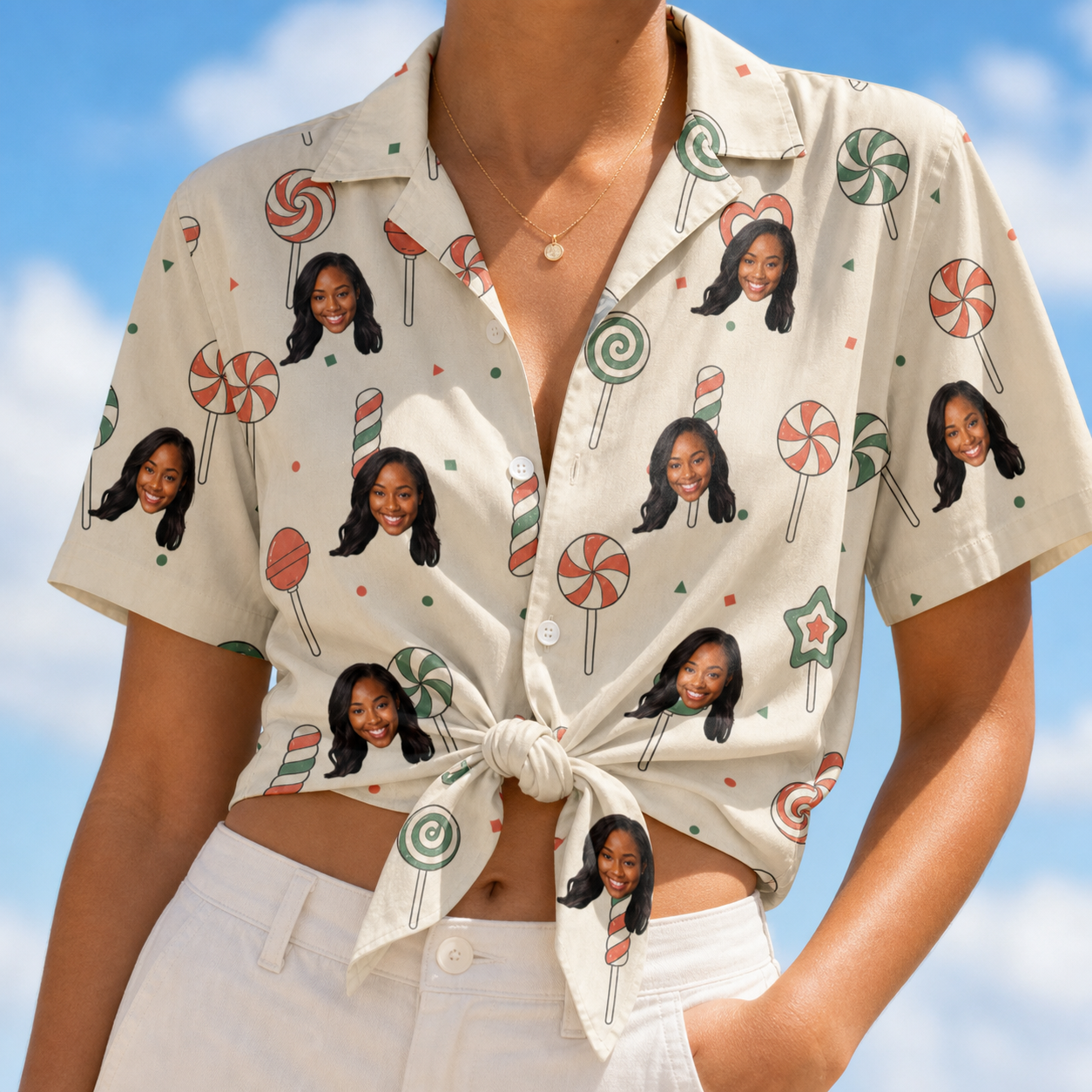 Woman wearing Women's Candy Constellation Custom Face Hawaiian Shirt tied at the waist