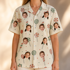 Model wearing Women's Candy Constellation Custom Face Hawaiian Shirt printed with kids' faces