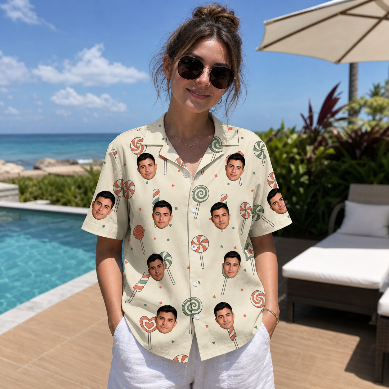 Real-life photo of someone wearing Women's Candy Constellation Custom Face Hawaiian Shirt — custom faces printed all-over