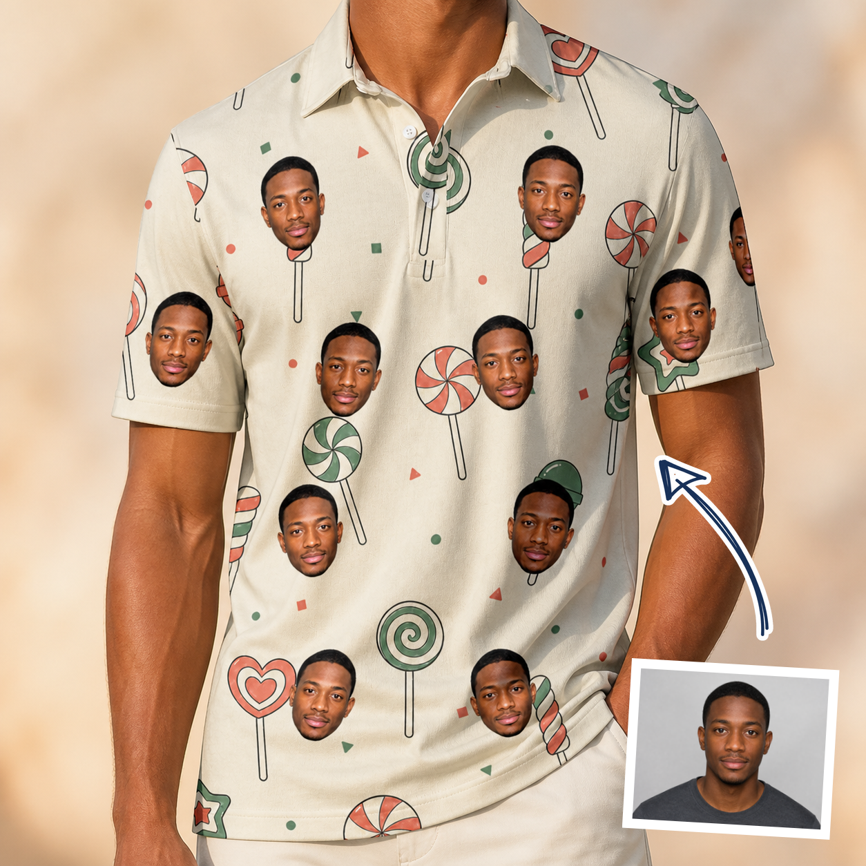 Man wearing Men's Candy Constellation Custom Face Polo Shirt — custom faces printed all-over