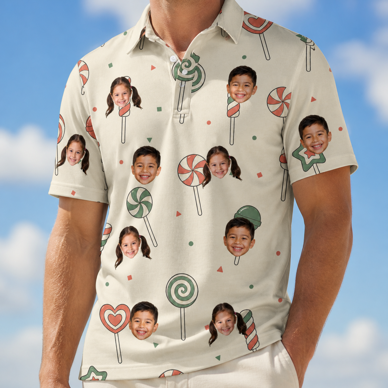 Model wearing Men's Candy Constellation Custom Face Polo Shirt printed with kids' faces