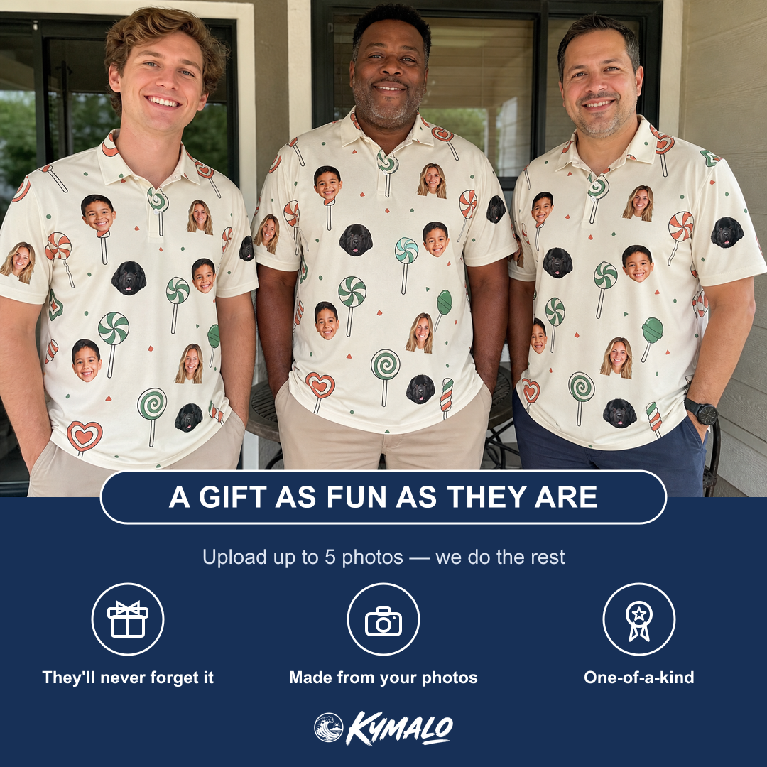 Friends in matching Men's Candy Constellation Custom Face Polo Shirt — a group gift photo