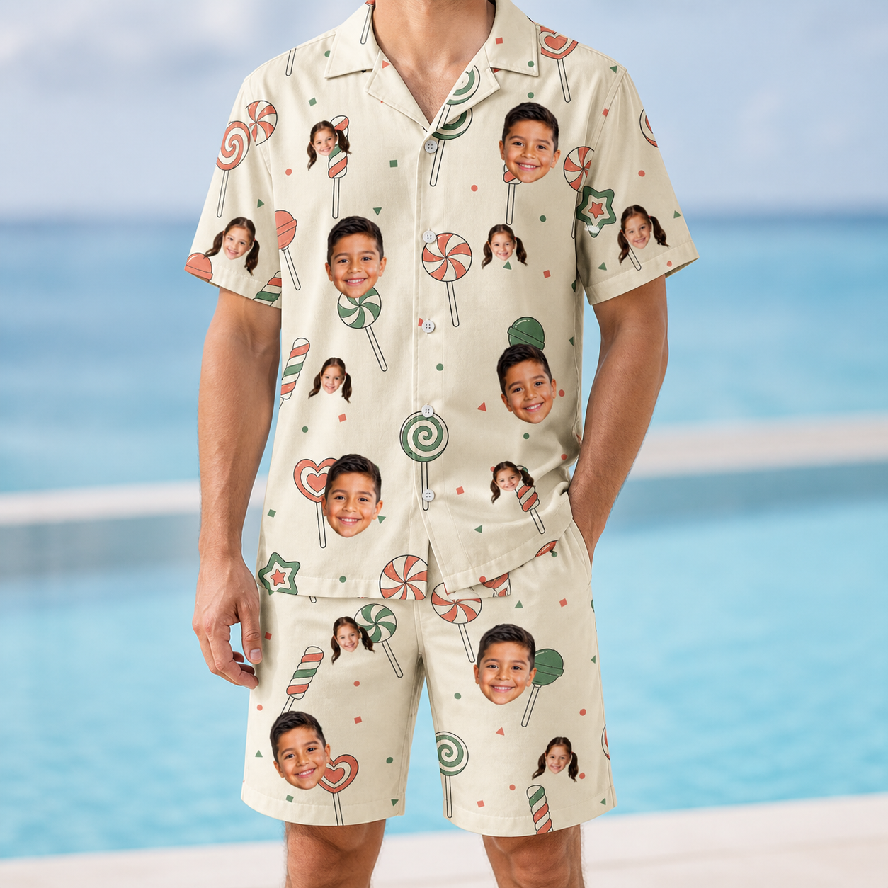 Model wearing Men's Candy Constellation Custom Face Shirt & Shorts Set printed with kids' faces