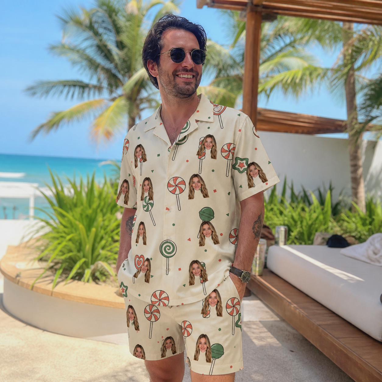 Real-life photo of someone wearing Men's Candy Constellation Custom Face Shirt & Shorts Set — custom faces printed all-over