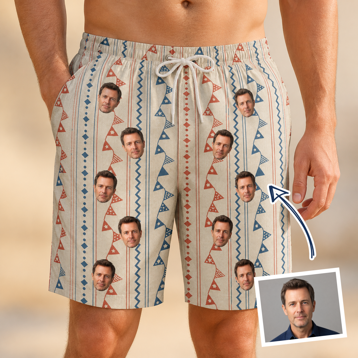Man wearing Men's Pennant Parade Custom Face Beach Shorts — custom faces printed all-over
