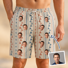 Man wearing Men's Pennant Parade Custom Face Beach Shorts — custom faces printed all-over