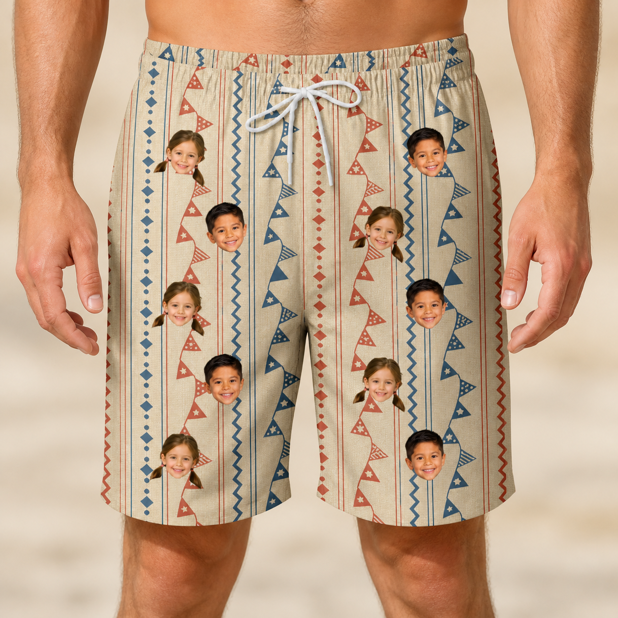 Model wearing Men's Pennant Parade Custom Face Beach Shorts printed with kids' faces