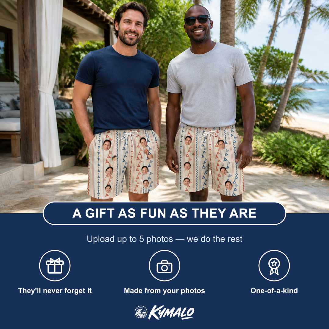 Friends in matching Men's Pennant Parade Custom Face Beach Shorts — a group gift photo
