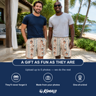 Friends in matching Men's Pennant Parade Custom Face Beach Shorts — a group gift photo