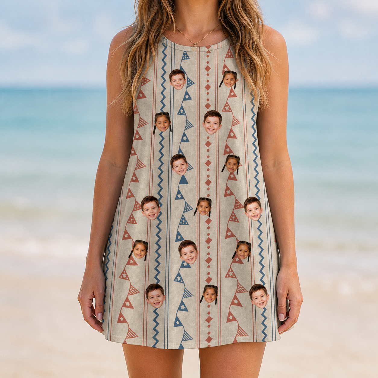 Model wearing Women's Pennant Parade Custom Face Tank Dress printed with kids' faces