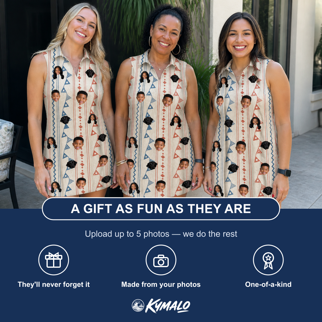 Friends in matching Women's Pennant Parade Custom Face V-Neck Dress — a group gift photo