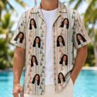 Man wearing Men's Pennant Parade Custom Face Hawaiian Shirt open over a white tee