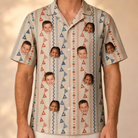 Model wearing Men's Pennant Parade Custom Face Hawaiian Shirt printed with kids' faces