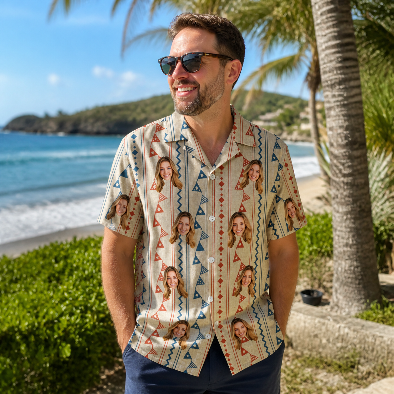 Real-life photo of someone wearing Men's Pennant Parade Custom Face Hawaiian Shirt — custom faces printed all-over