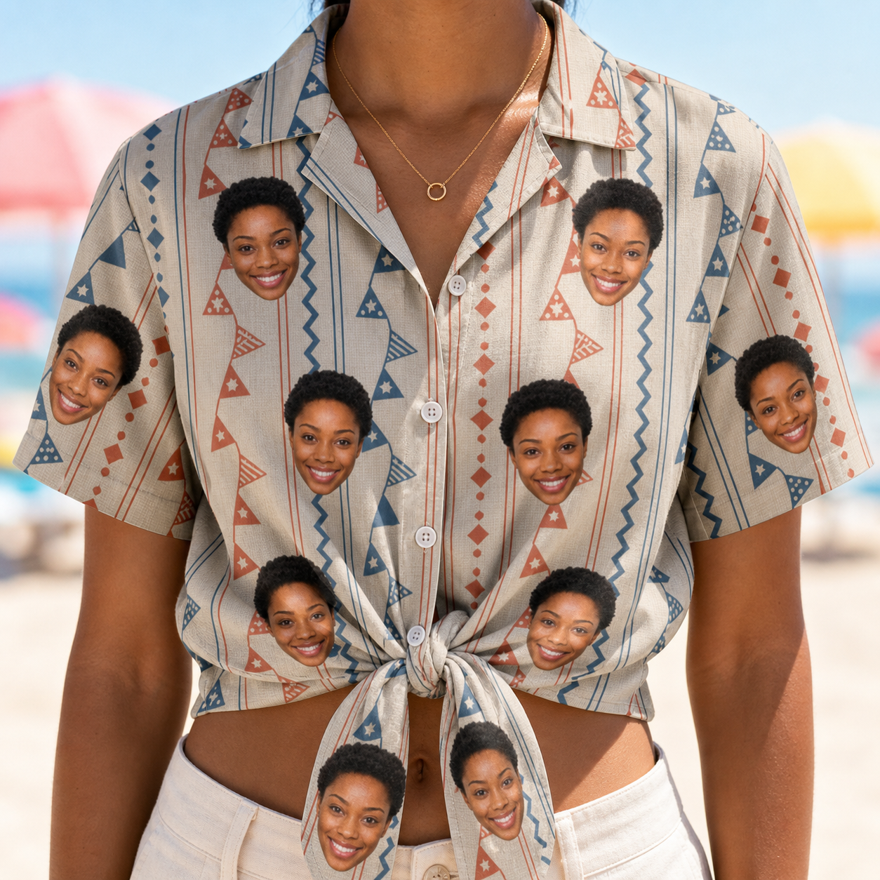 Woman wearing Women's Pennant Parade Custom Face Hawaiian Shirt tied at the waist