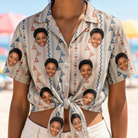 Woman wearing Women's Pennant Parade Custom Face Hawaiian Shirt tied at the waist