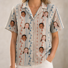 Model wearing Women's Pennant Parade Custom Face Hawaiian Shirt printed with kids' faces