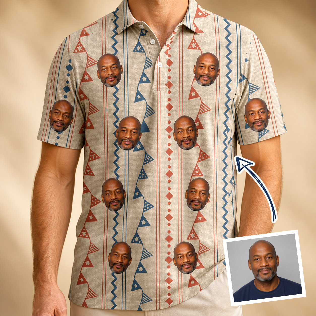 Man wearing Men's Pennant Parade Custom Face Polo Shirt — custom faces printed all-over