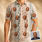 Man wearing Men's Pennant Parade Custom Face Polo Shirt — custom faces printed all-over