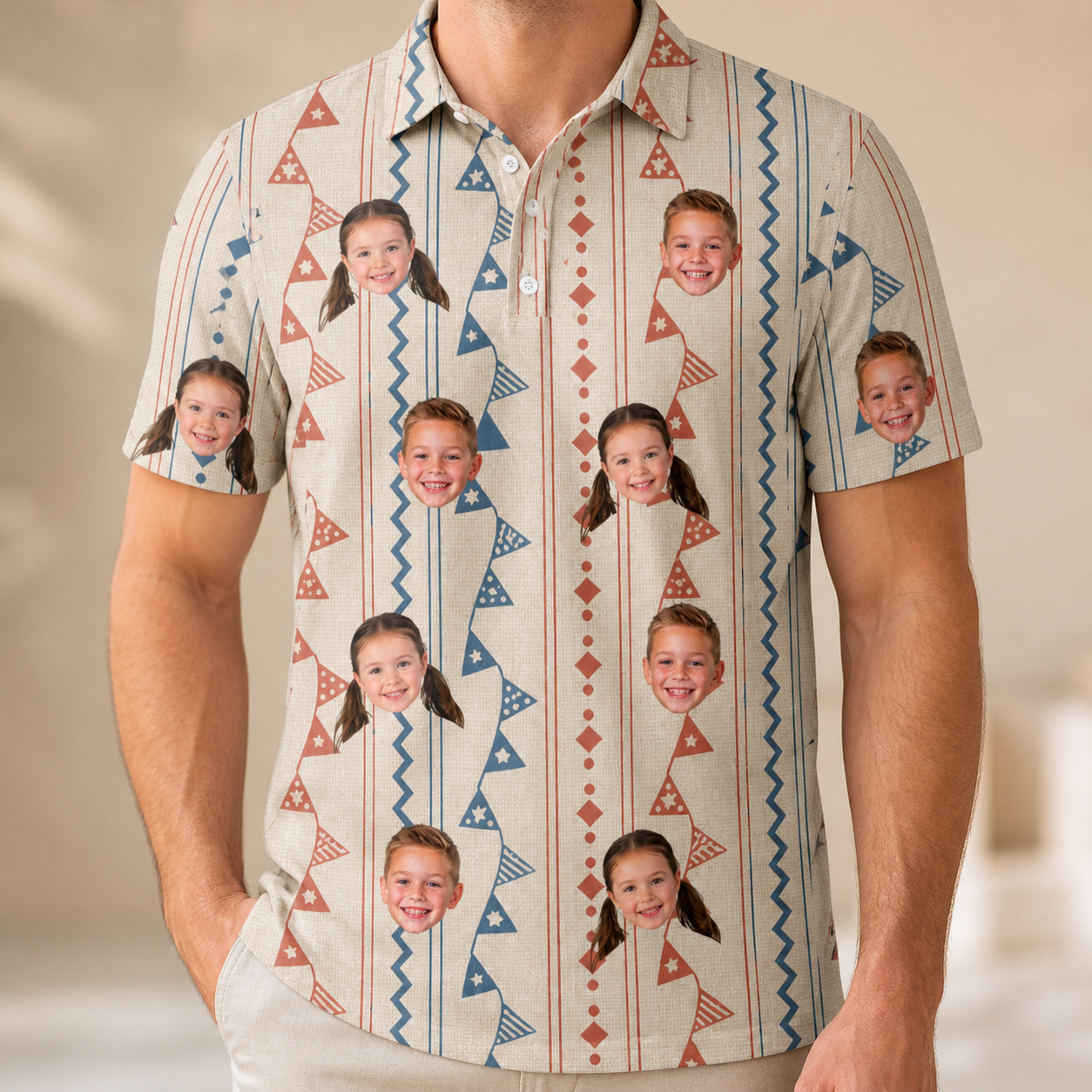 Model wearing Men's Pennant Parade Custom Face Polo Shirt printed with kids' faces