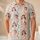 Model wearing Men's Pennant Parade Custom Face Polo Shirt printed with kids' faces