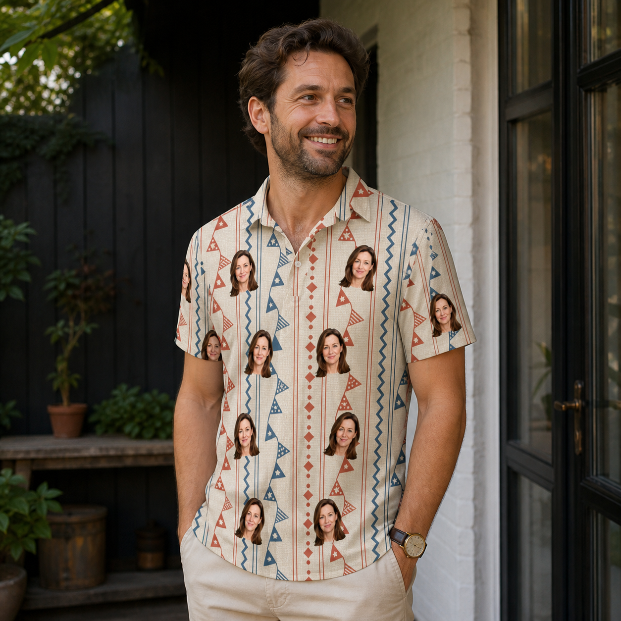 Real-life photo of someone wearing Men's Pennant Parade Custom Face Polo Shirt — custom faces printed all-over